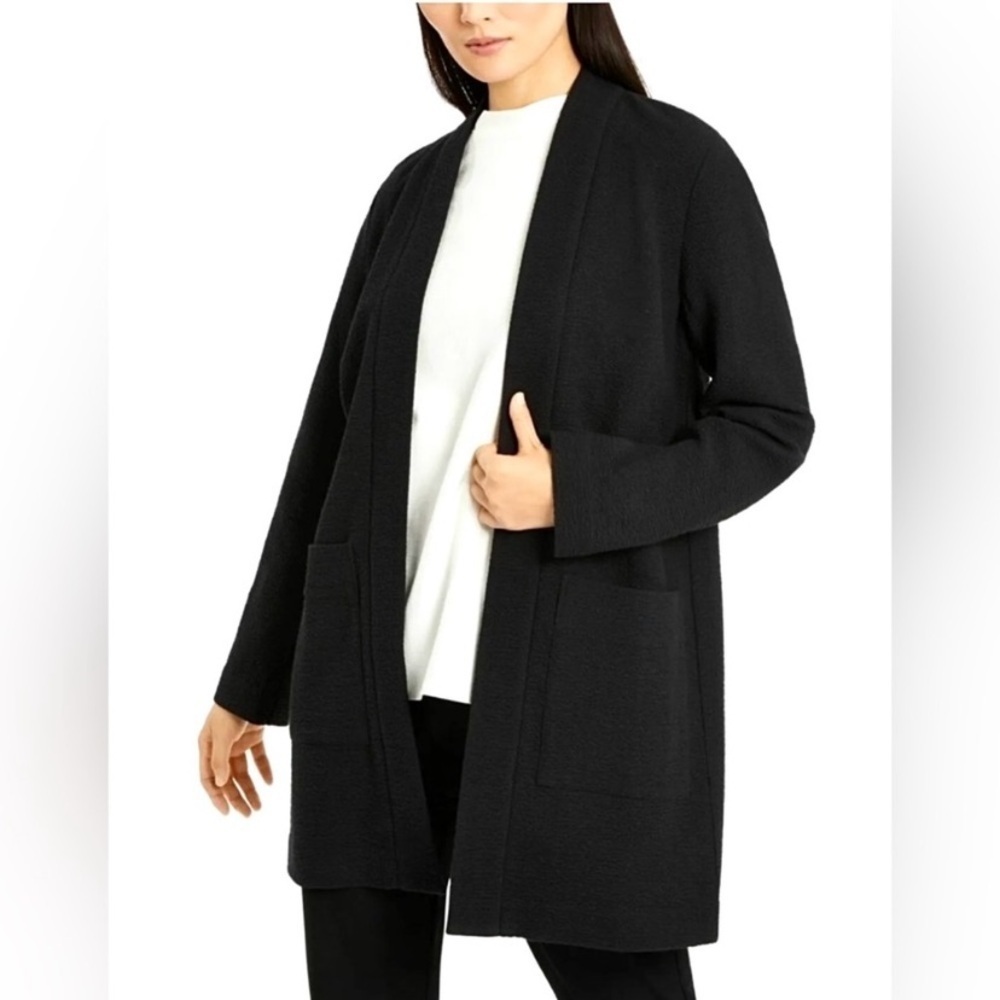 EILEEN FISHER Black Cardigan M Pockets Open Front Minimalist Lagenlook Flowy